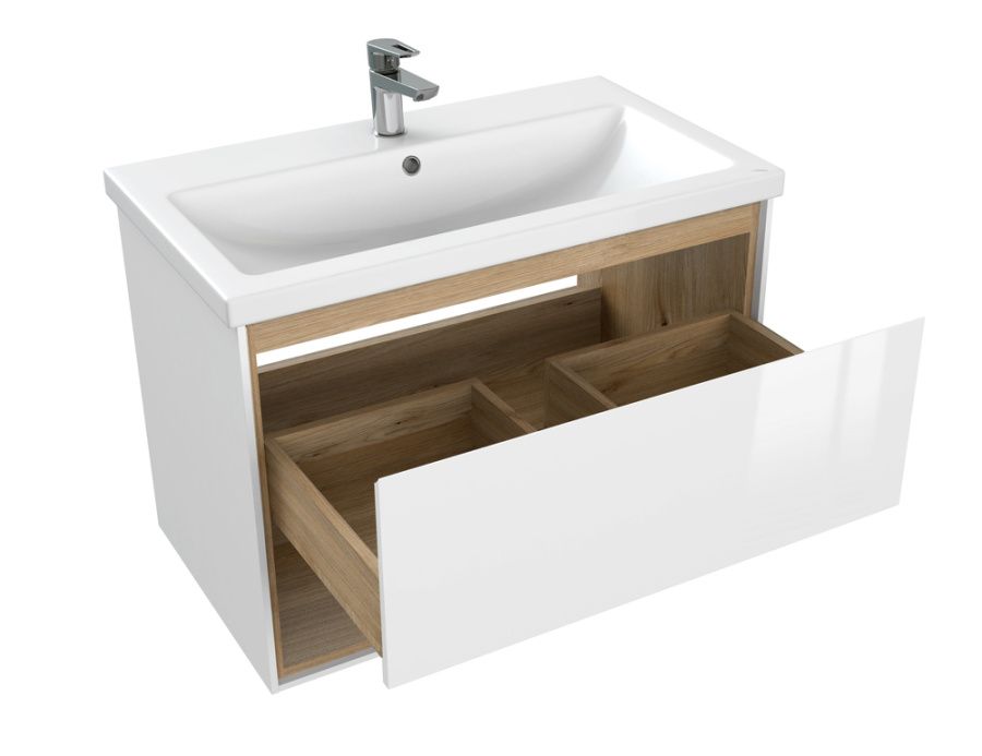 Тумба Cersanit Louna 80 белый глянец/дерево с раковиной Como 80