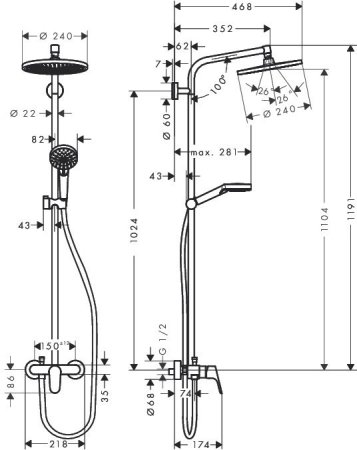 Душевая система Hansgrohe Crometta S 240 1jet Showerpipe Ecosmart 27269000