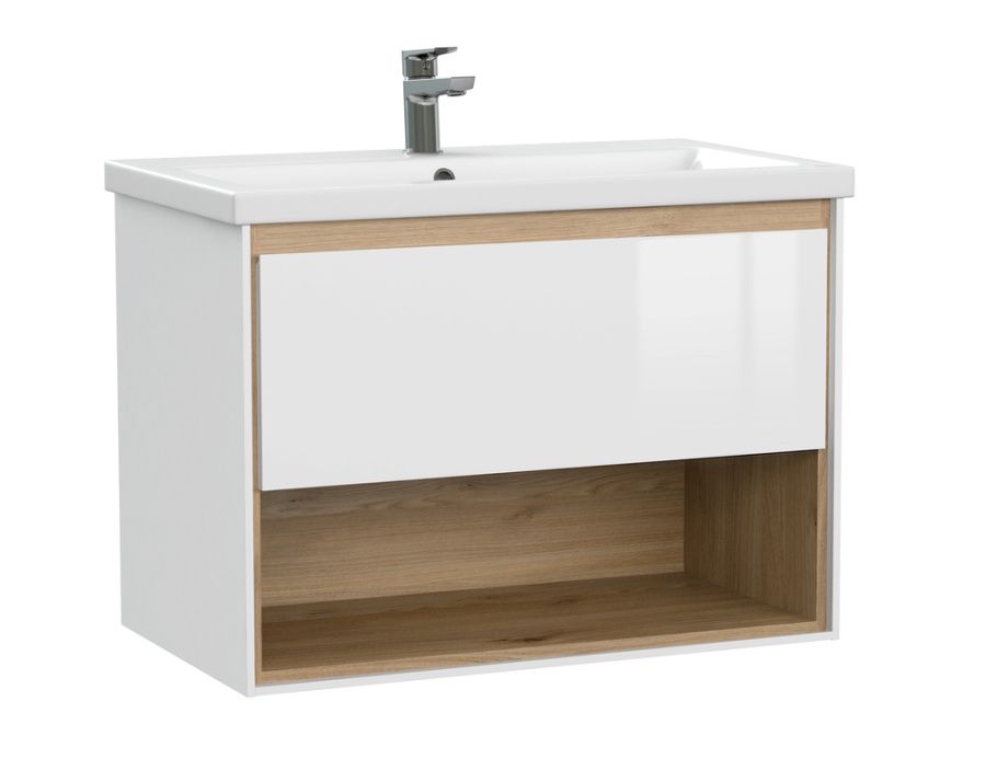 Тумба Cersanit Louna 80 белый глянец/дерево с раковиной Como 80