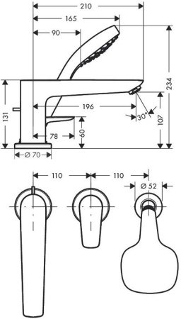 Смеситель Hansgrohe Talis E на борт ванны 3 отверстия (внешняя часть)